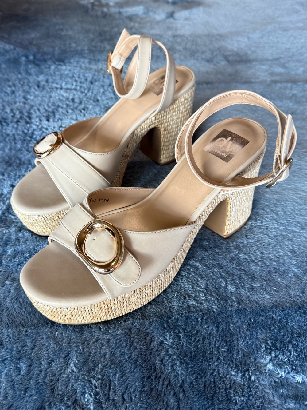 DV by Dolce Vita Beige Platform Block Heel Sandals with Gold Buckle